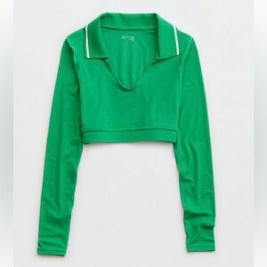 OFFLINE BY AERIE REAL ME LONG SLEEVE POLO T-SHIRT | Green | S